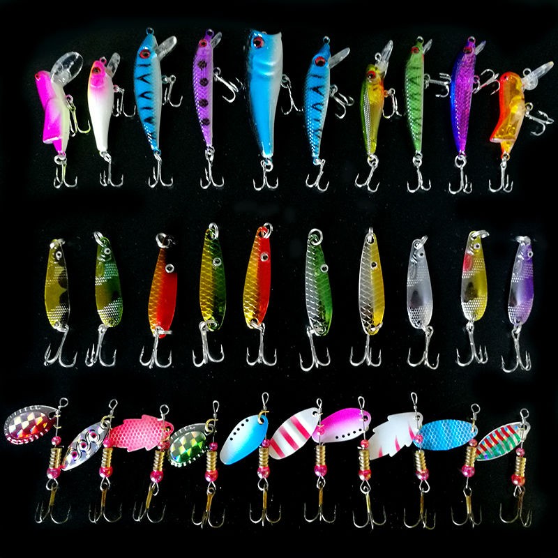 30pcs Fishing Spinner Lures Kit - Hard Metal Minnow & Popper Baits