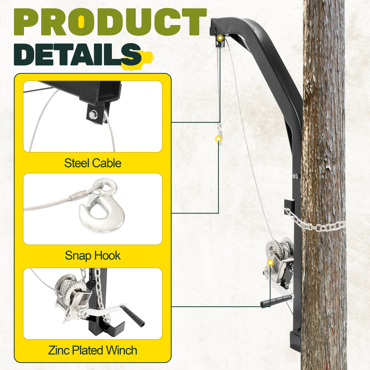 Tree Mounted Deer Hoist for Hunting 400LBS Game Lift Winch, 23FT Steel