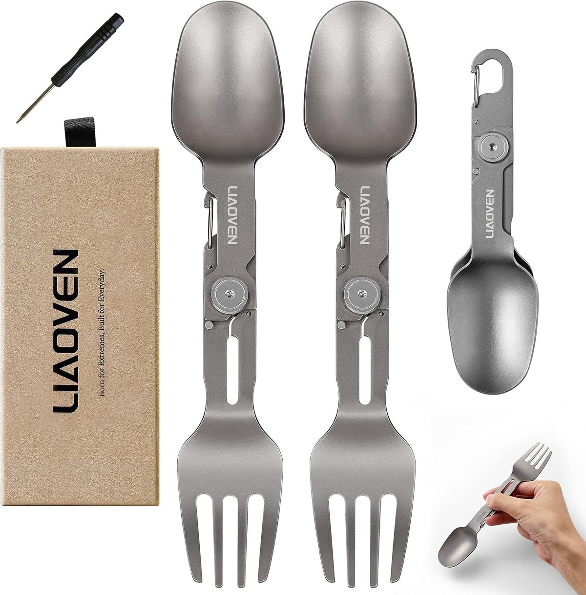 (2 Pack) Titanium Folding Spork 3-in-1 Camping Utensils Lightweight Reusable Cutlery