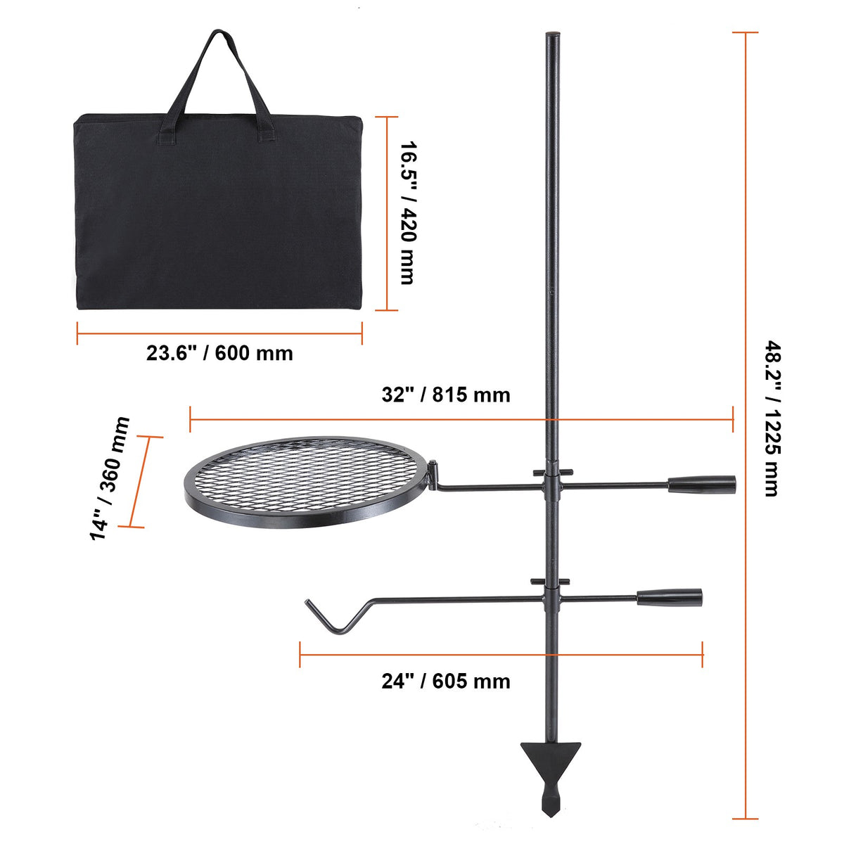 Swivel Campfire Grill with Steel Grate for Outdoor Cooking, Adjustable