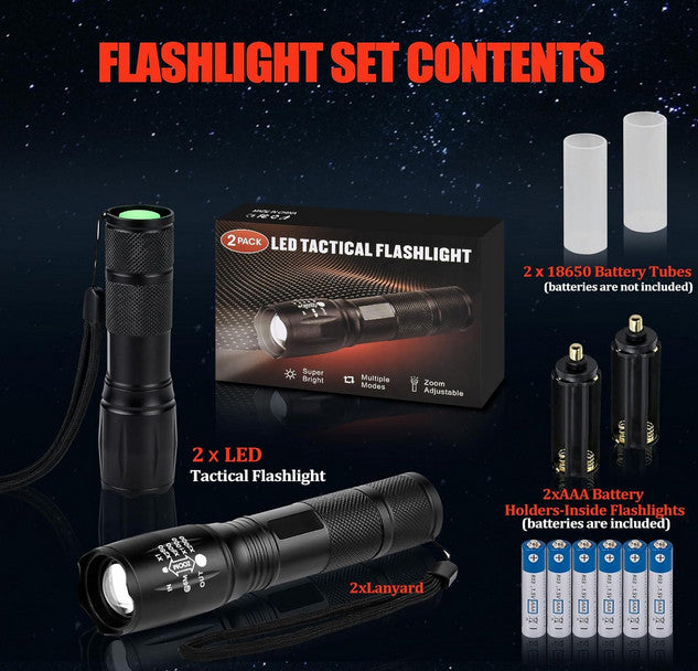 High Lumens LED Flashlight Pack with 5 Modes & Zoomable Beam
