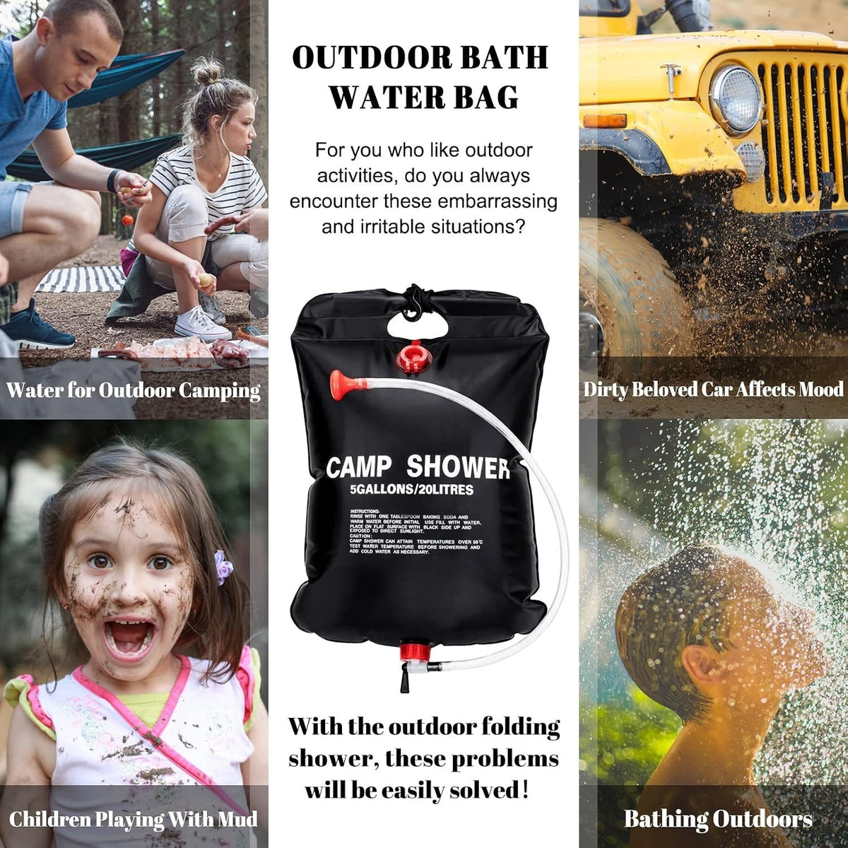 20L Solar Camping Shower Bag with Hose & Head - Portable Outdoor Heating