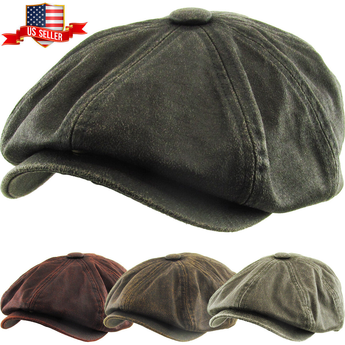 Men's Ivy Hat PU Leather Button Top Flat Cap Winter Golf Cabbie