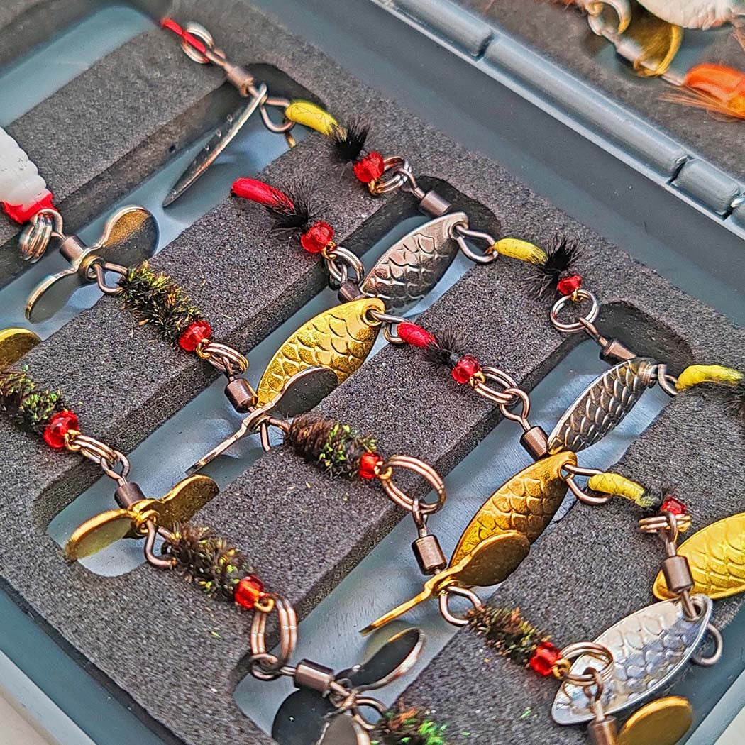 Fly Fishing Flies Kit - 42 Pieces Rotating Sequin Wet Dry Trout Flies Bundle