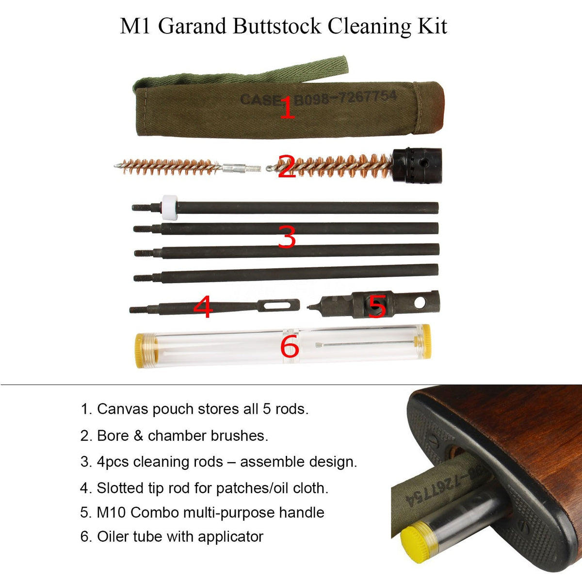 Garand Rifle Cleaning Kit with Multi-Tool, Oiler & Chamber Brush