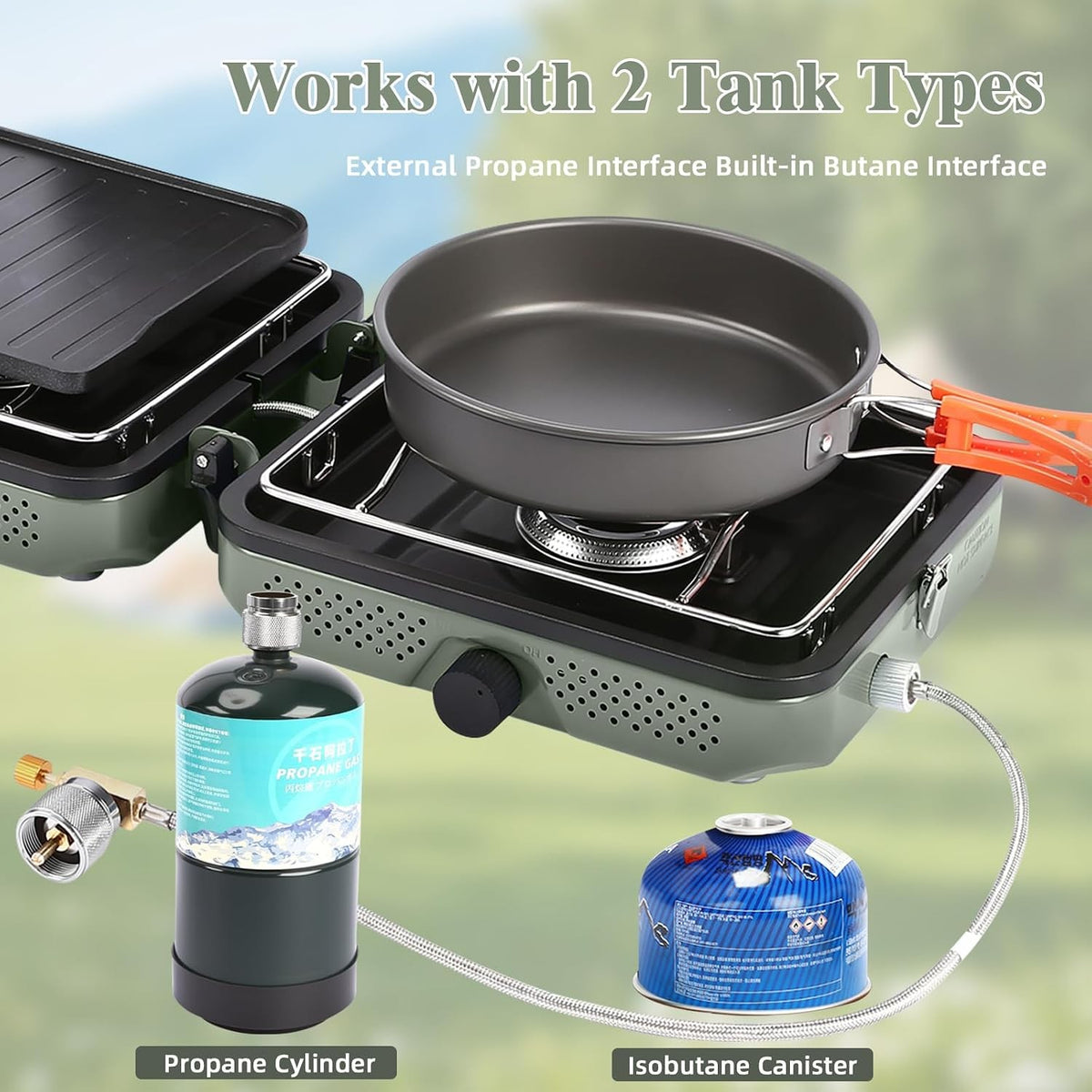2 Burner Portable Camping Stove with Foldable Design and Cookware