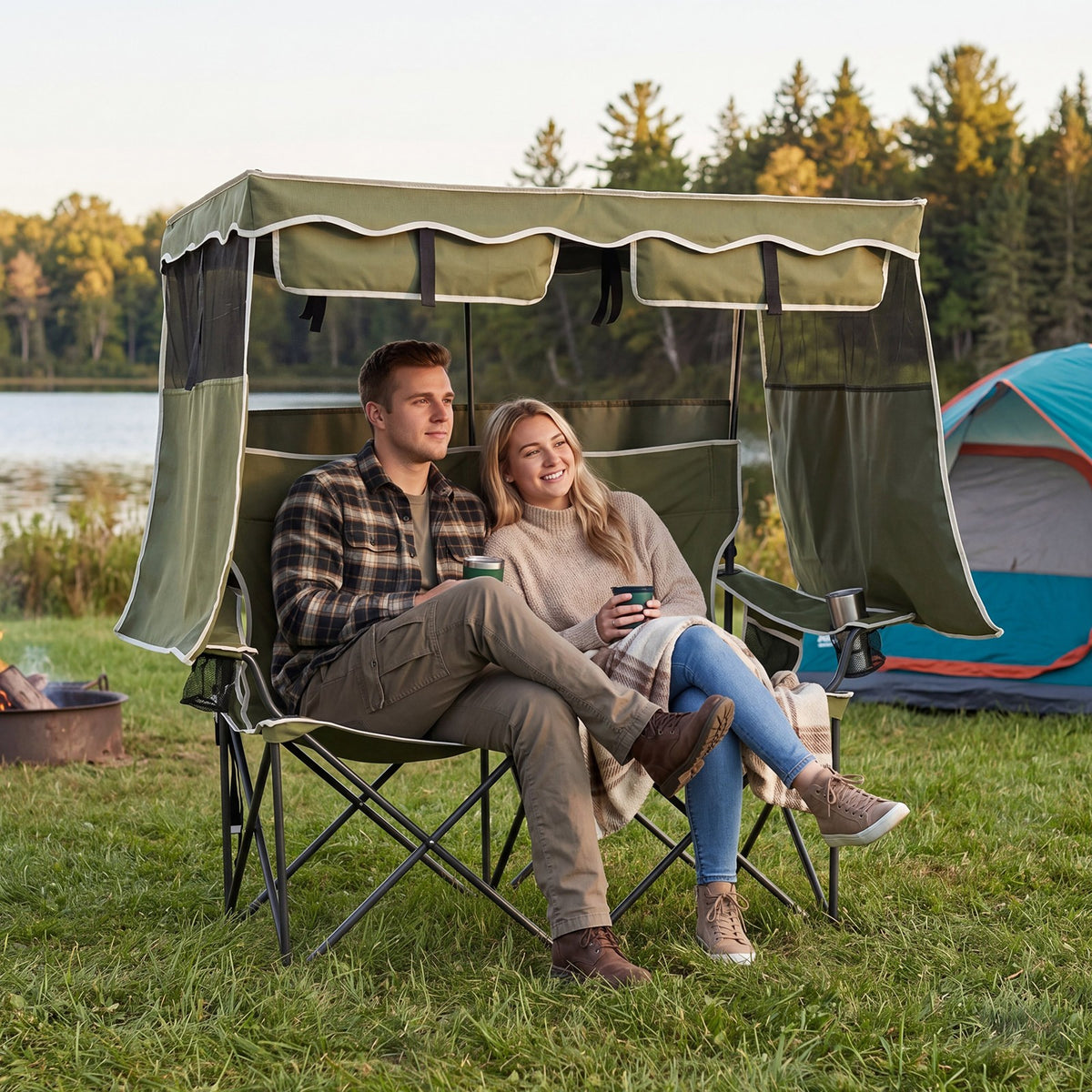 Double Camping Chair with Canopy Shade - Portable Outdoor Folding Seat for Beach & Picnic