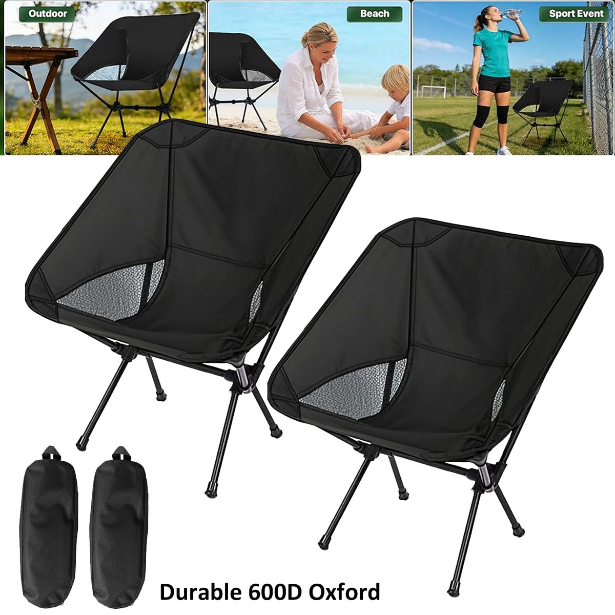 2-Pack Collapsible Camping Chairs with Carrying Bag for Outdoor Hiking and Camping