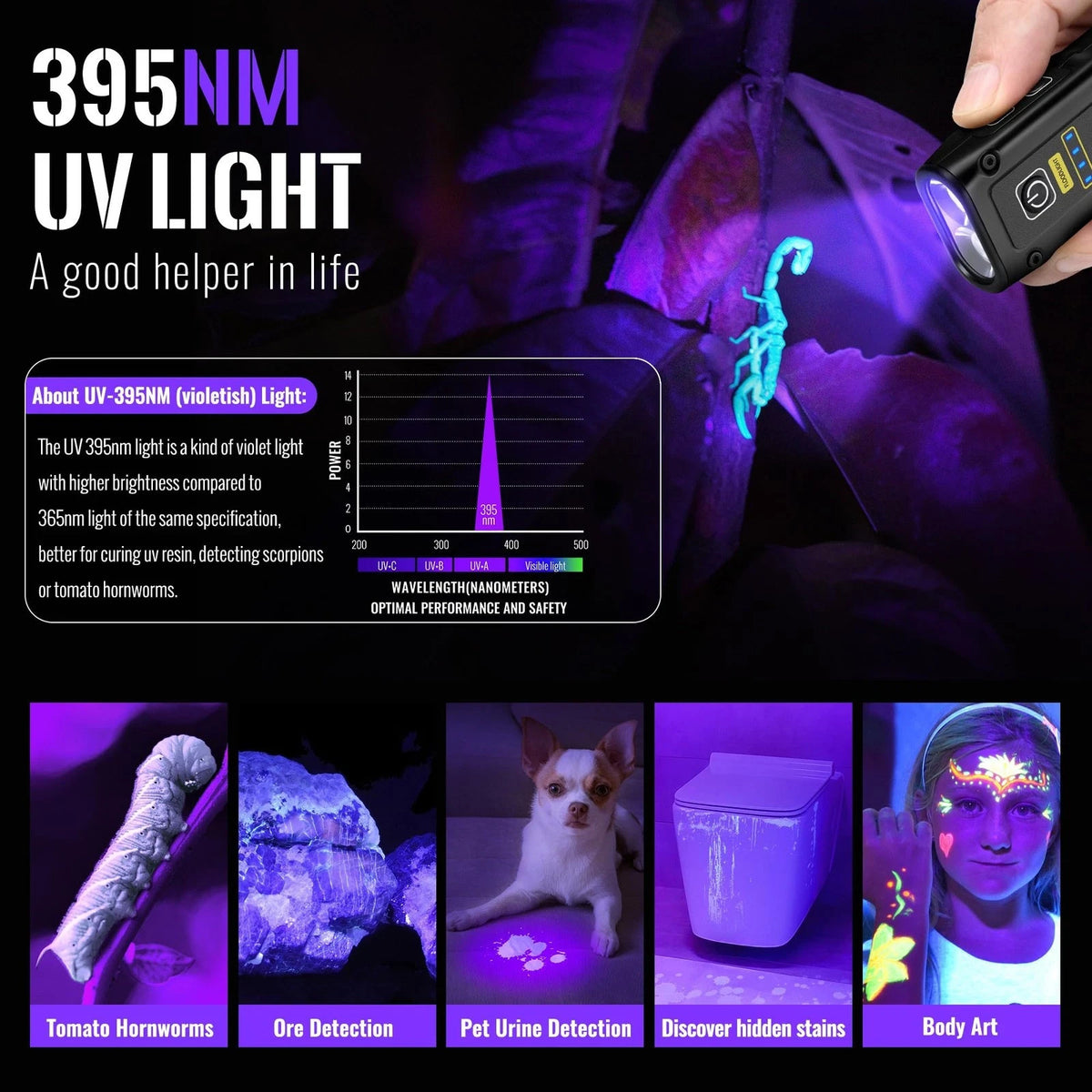 UV Flashlight 395nm Blacklight LED EDC Mini Rechargeable Torch