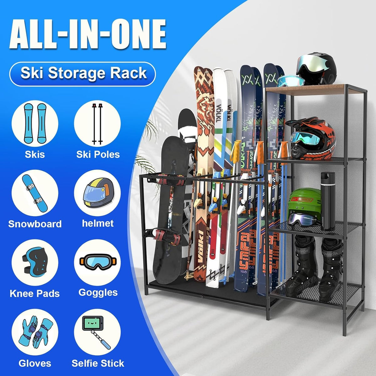 Freestanding Ski Rack with Adjustable Bars for Winter Sports Equipment - Black