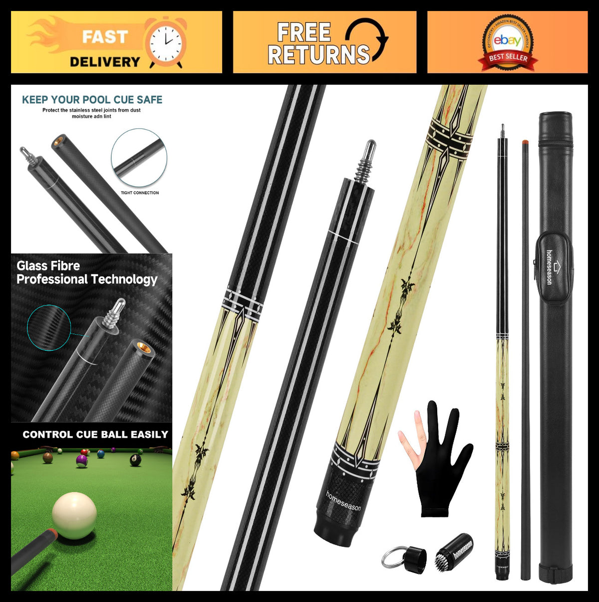 58-Inch Glass Fibre Billiard Cue Stick with 13mm Tip – Low Deflection, Two-Piece