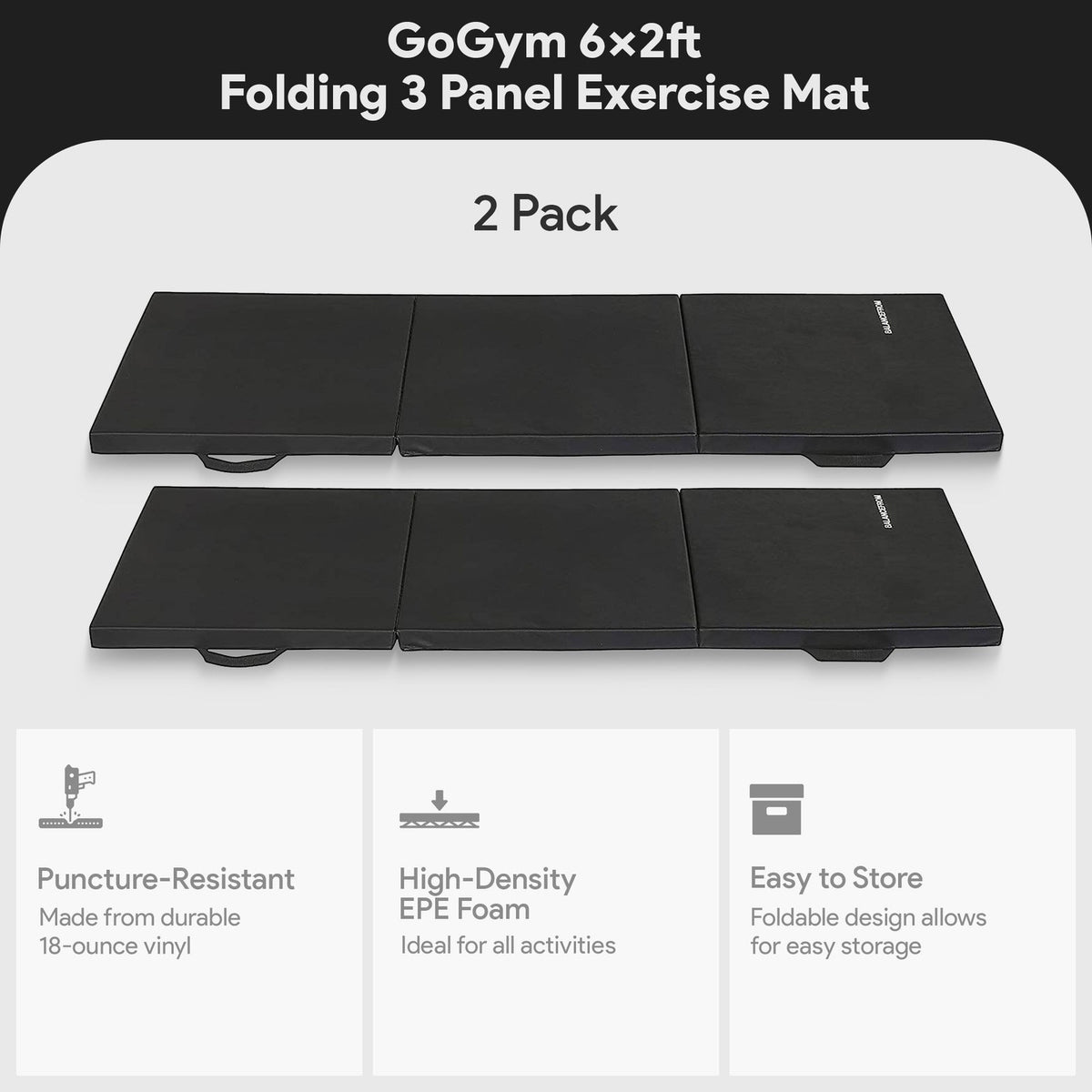 6x2ft Folding Exercise Mat 3-Panel Workout Floor Mat - Black 2 Pack