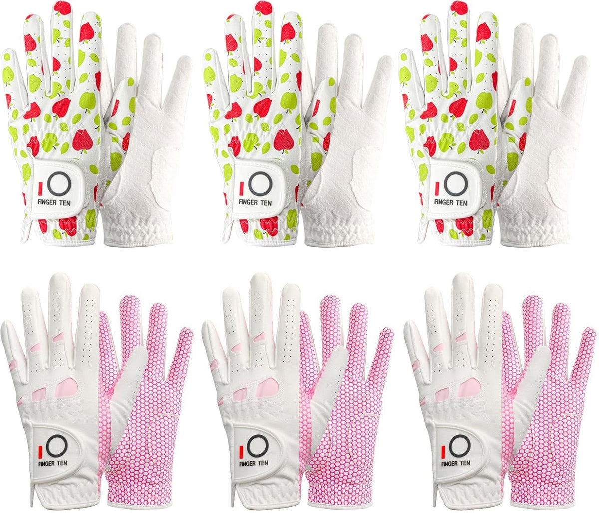 6 Pack Ladies Golf Gloves with Non-Slip Grip - Breathable Synthetic Leather