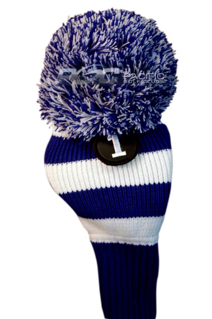 Golf Club Headcover with Pom Pom Knit Sock for Drivers - Blue & White