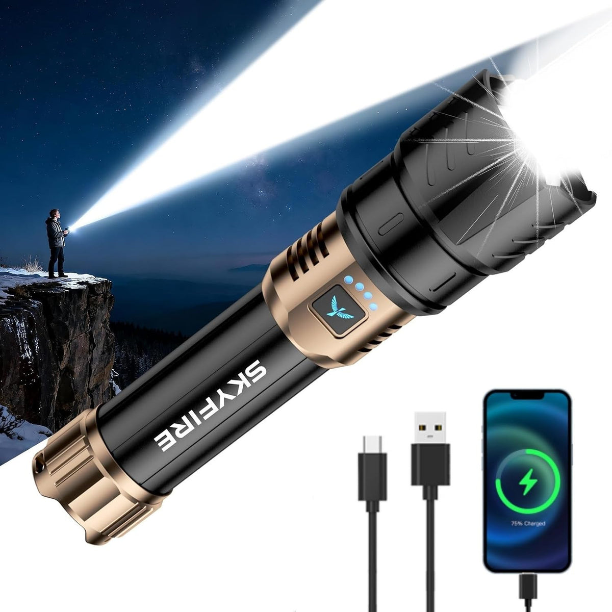 Rechargeable LED Flashlight 10000 Lumens Super Bright Handheld Torch with Zoom