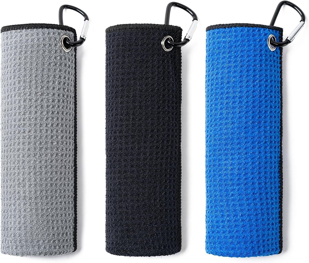 Golf Towels Set of 3 with Carabiner Clips - Microfiber 16x16 Inches