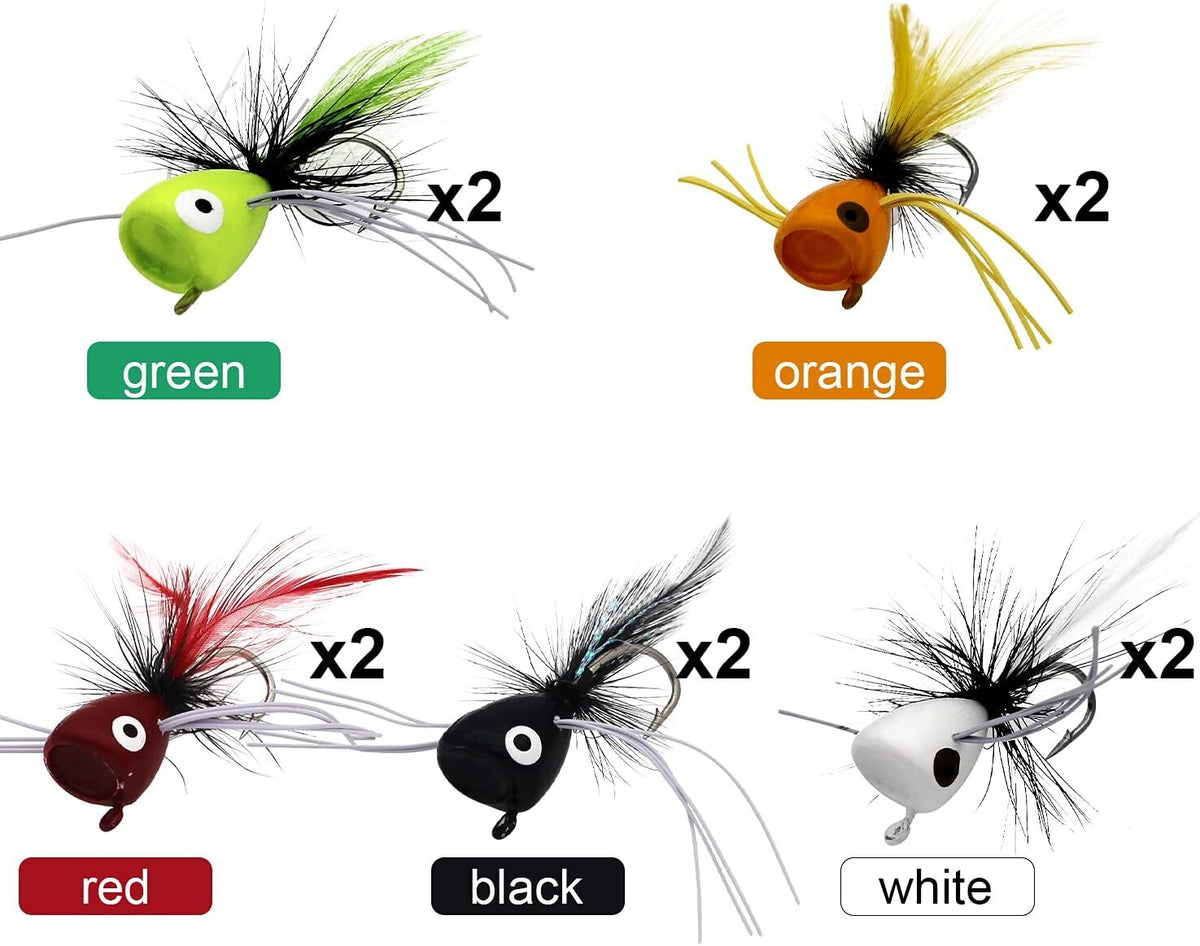 Fly Fishing Poppers Set for Bass, Trout & Panfish - 10 Colorful Flies with Hooks