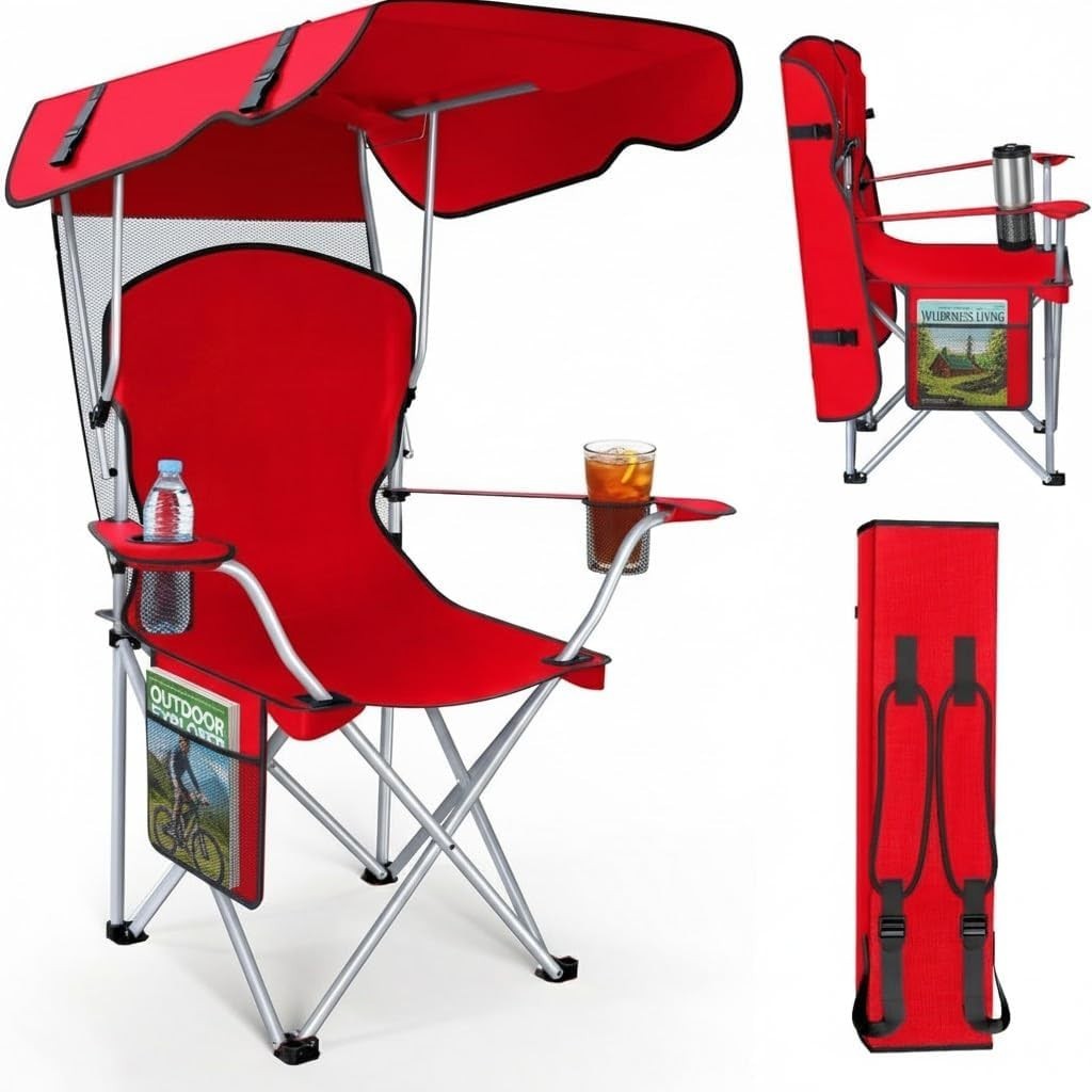 Portable Camping Chair with Canopy Sun Shade and Carrying Straps