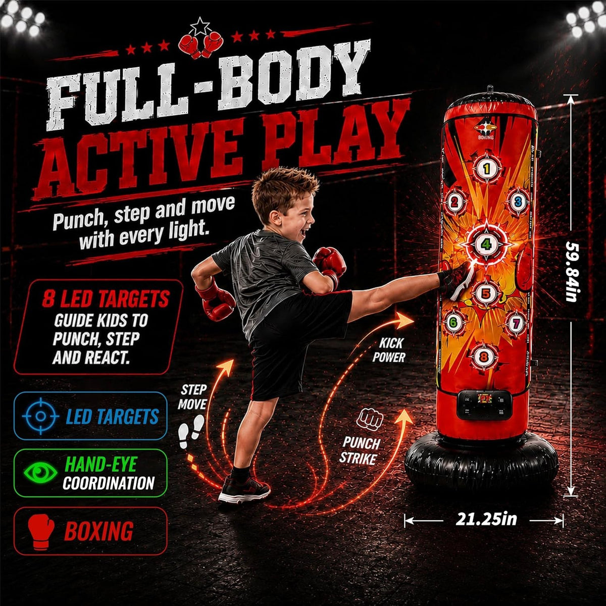 Kids Inflatable Punching Bag Set with LED Targets, Gloves, Mat & Pump