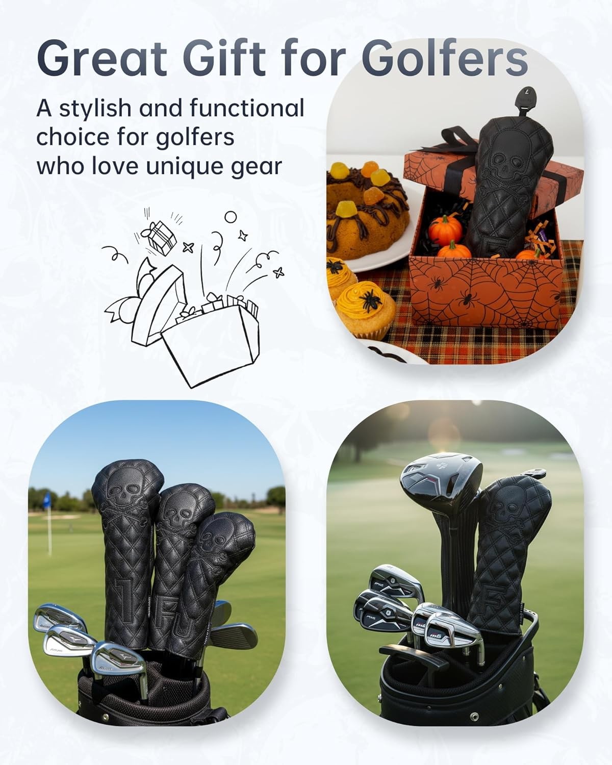 Golf Club Headcover Set with Skull Design - Fits Driver, Fairway, Hybrid, Waterproof Leather