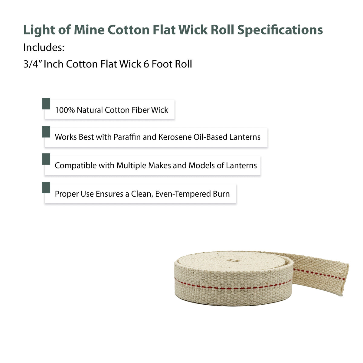 Cotton Wick for Oil Lamps - 3/4 Inch x 6 Feet, Paraffin & Kerosene Lanterns
