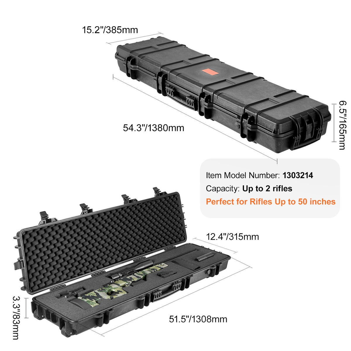 50-Inch Waterproof Rifle Hard Case with Foam Layers & TSA Locks