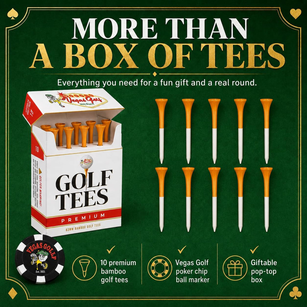 Golf Tees 10 Pack - Premium Bamboo 3.25 Inch Golf Accessories for Men & Women