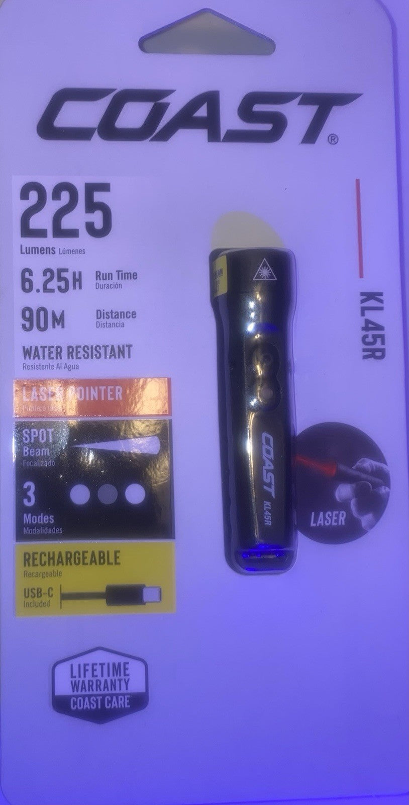 Rechargeable LED Flashlight with Laser Pointer - 225 Lumens, Compact & Durable