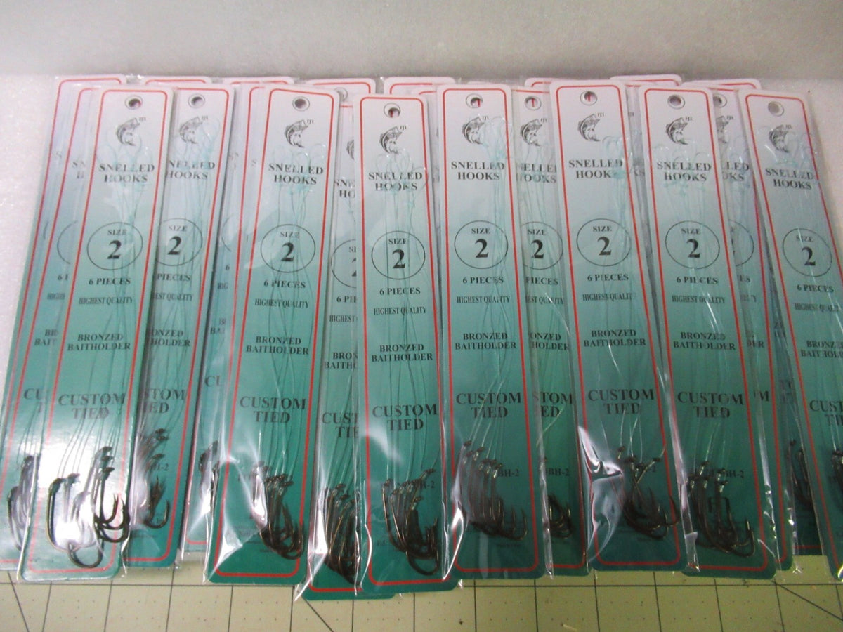 144 Snellled Fish Hooks in Assorted Sizes - Bronze Bait Holder Hooks, 6 Pack