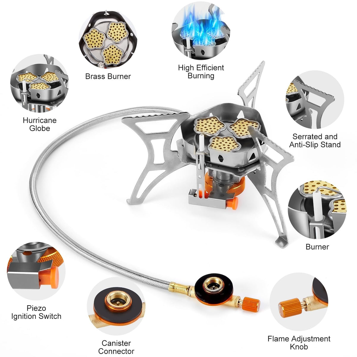 6800W Windproof Camping Stove with Piezo Ignition & Fuel Canister Adapter