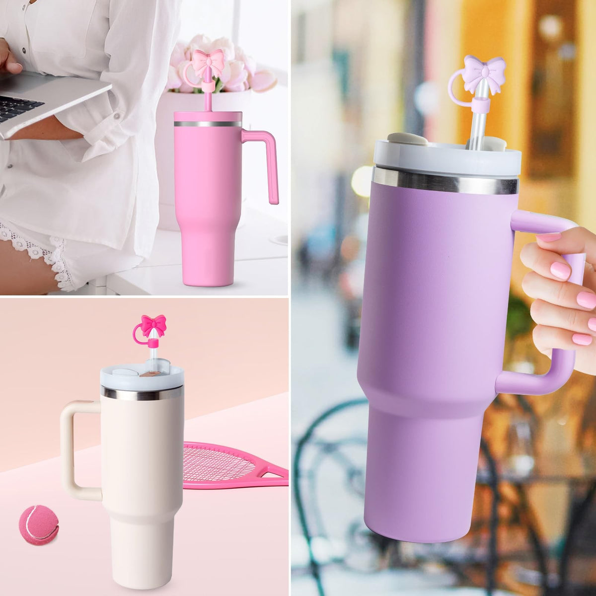 6PCS Pink Bow Straw Covers for Stanley 30oz & 40oz Tumblers Dustproof Drink Accessories