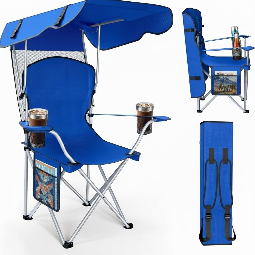 Portable Foldable Camping Chair with Canopy and Sun Shade - Lightweight Outdoor Seating