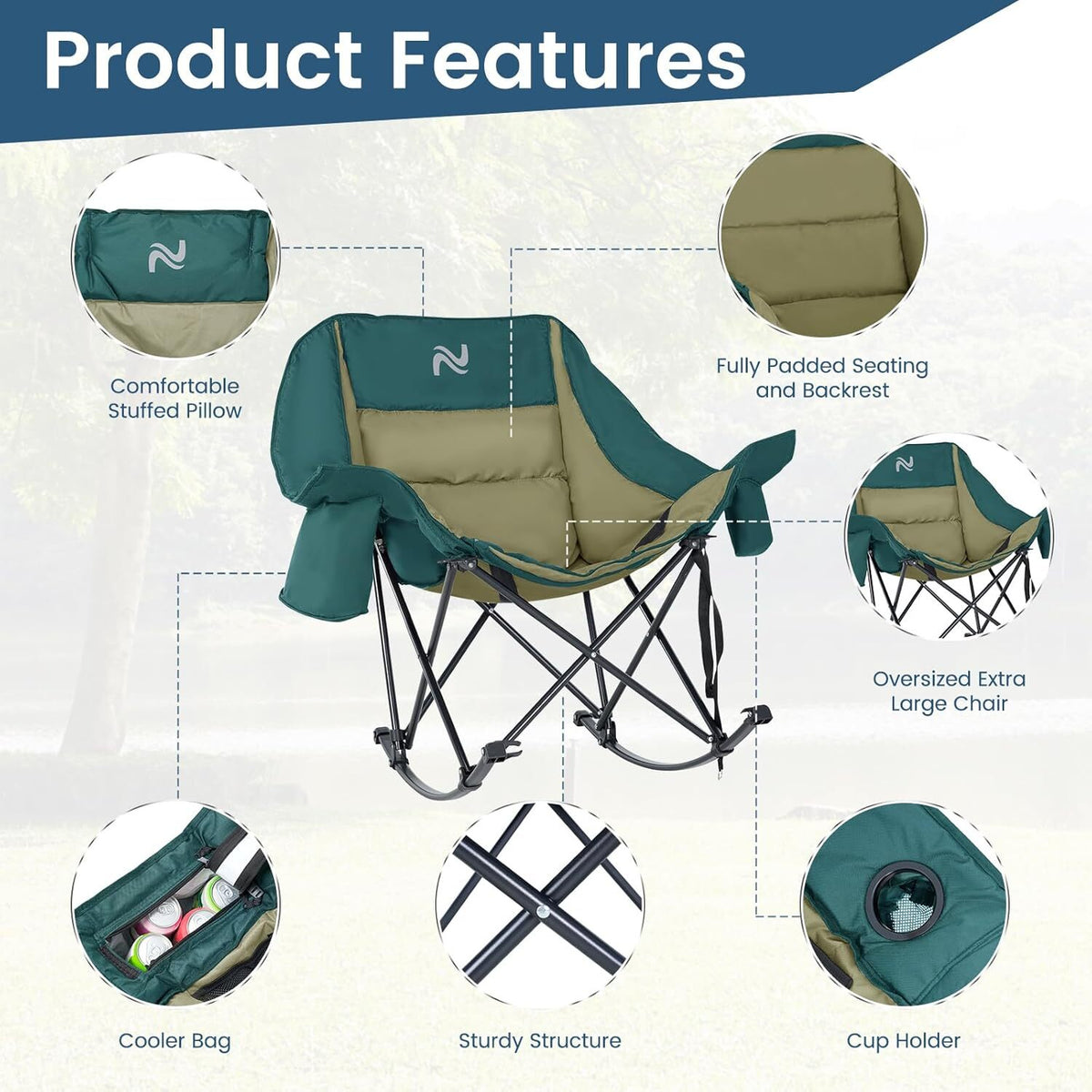Oversized Folding Rocking Camping Chair with Cooler Bag and Side Pocket