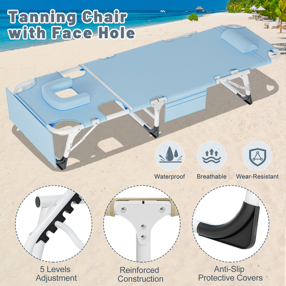 Heavy Duty Tanning Chair with Face Hole - Adjustable Folding Outdoor Lounge Bed