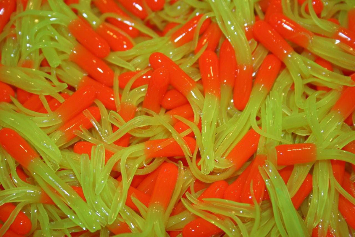 40 Pack 1.5-Inch Crappie & Bluegill Fishing Tube Skirts - Orange & Chartreuse
