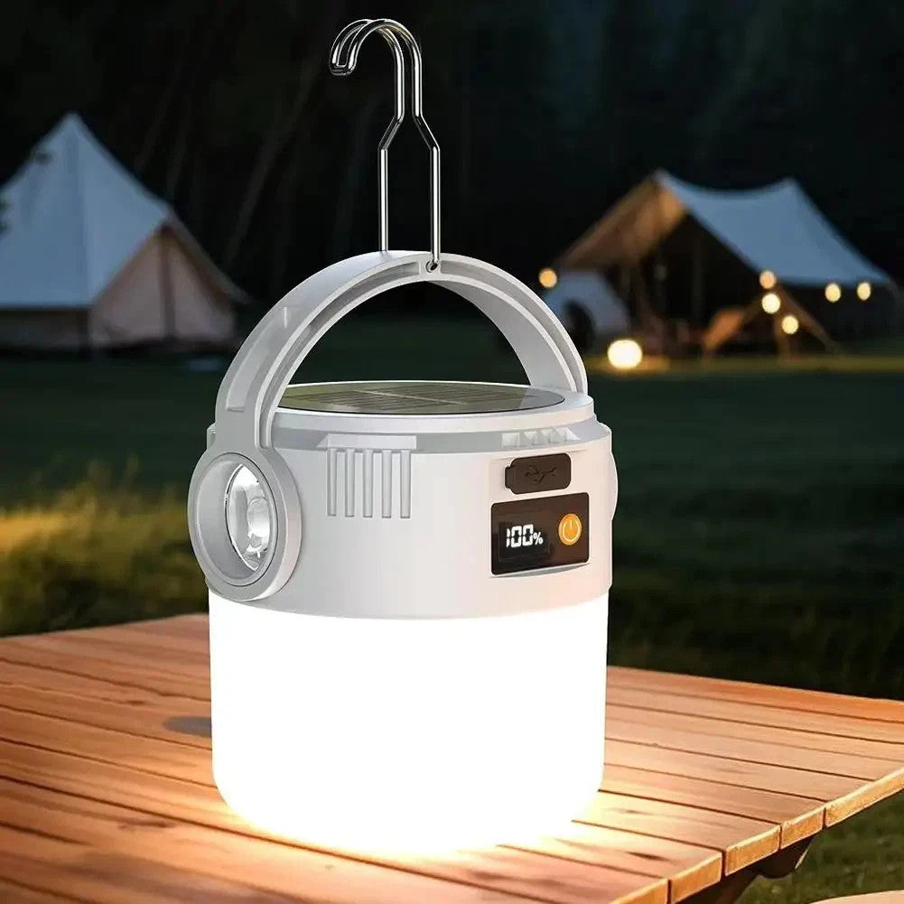 Portable Solar Rechargeable LED Camping Lantern with USB & Digital Display