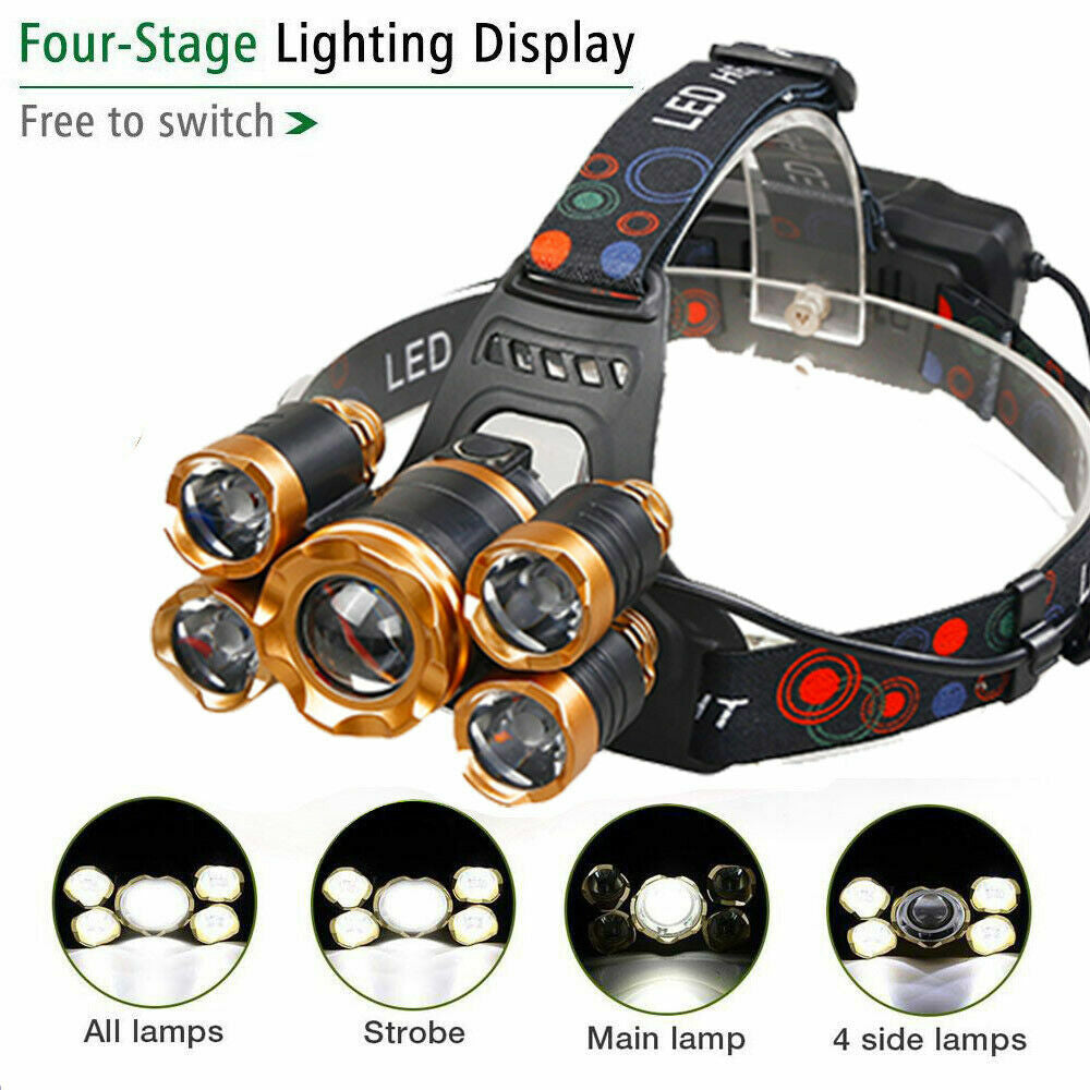 Super-Bright 5-LED Headlamp Headlight Flashlight with Adjustable Focus
