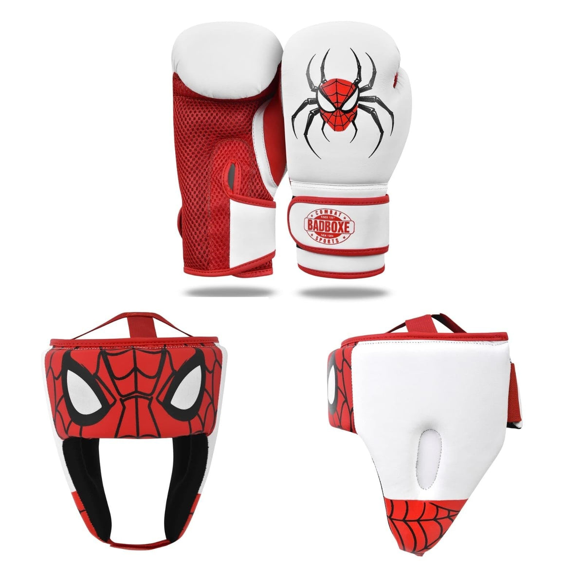 Kids Boxing Gloves and Headgear Set for Training - White Red Faux Leather