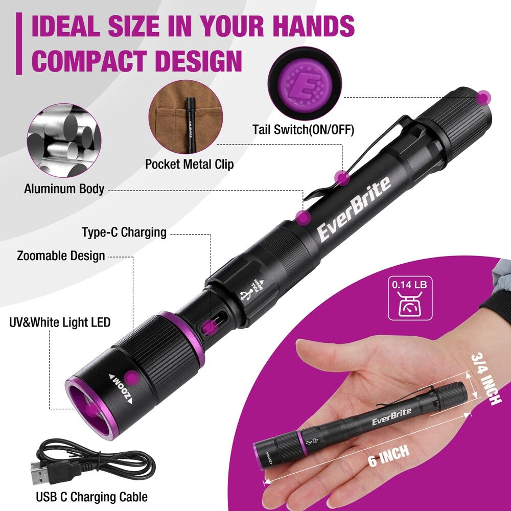 Rechargeable UV & White LED Flashlight with 4 Modes, Focus, Waterproof