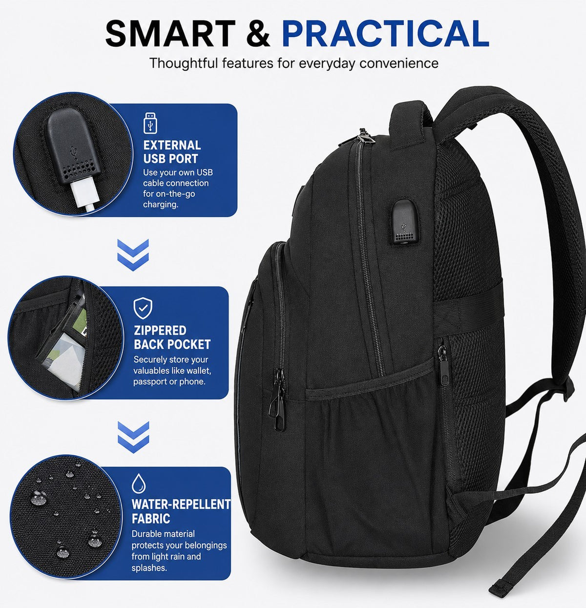 15.6-Inch Water-Resistant Laptop Backpack with USB Charging Port