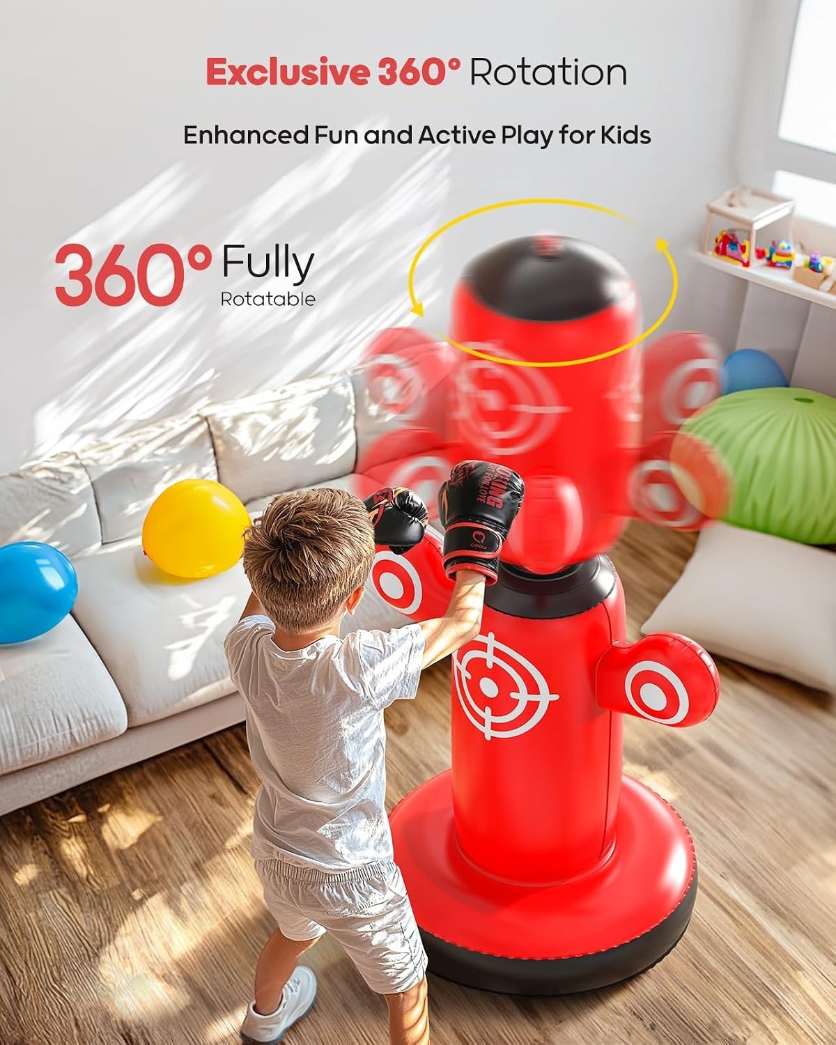 Kids Inflatable Rotating Punching Bag with Gloves and Pump - Indoor Outdoor Exercise
