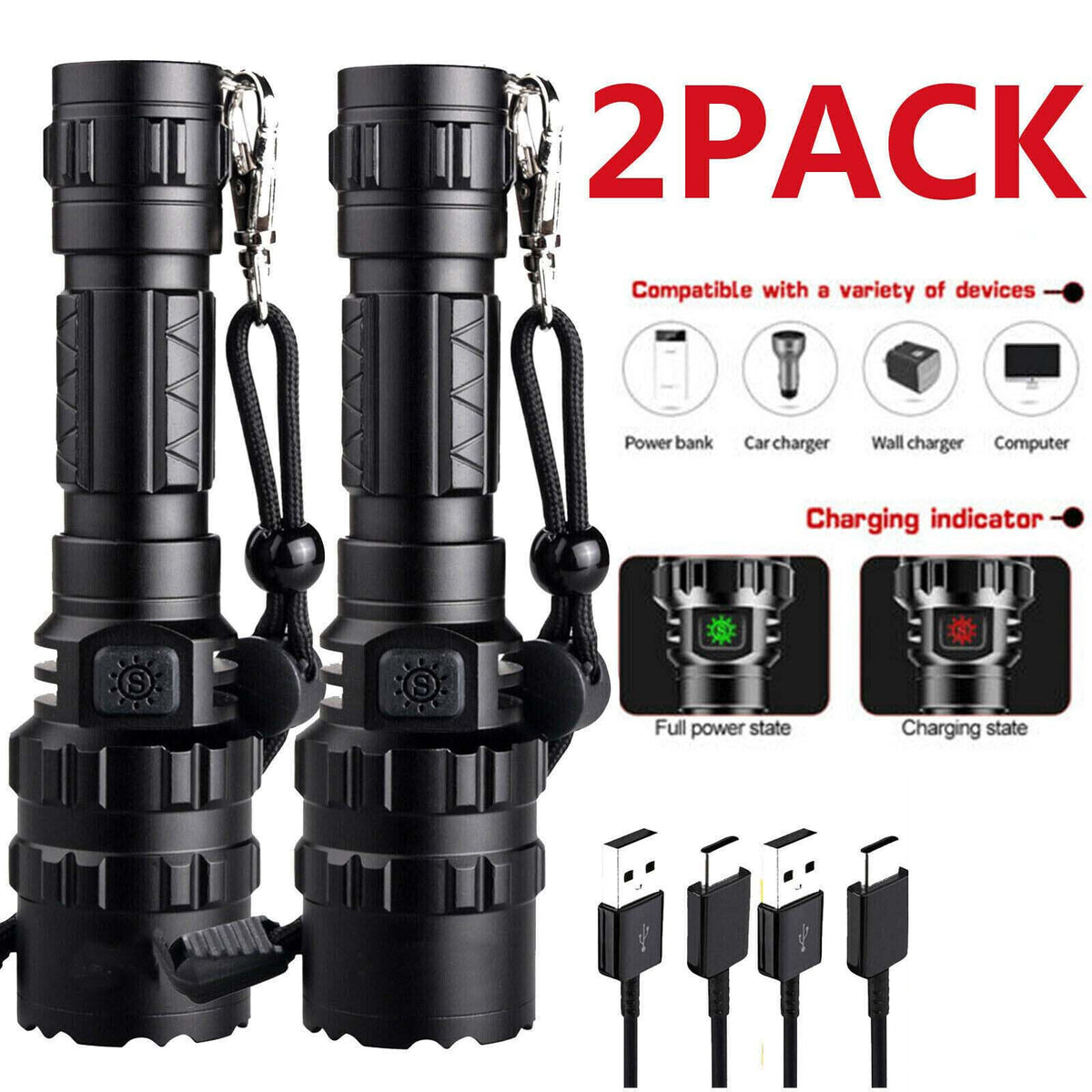 Rechargeable LED Tactical Flashlight 2 Pack - Waterproof, High Brightness, Emergency Use