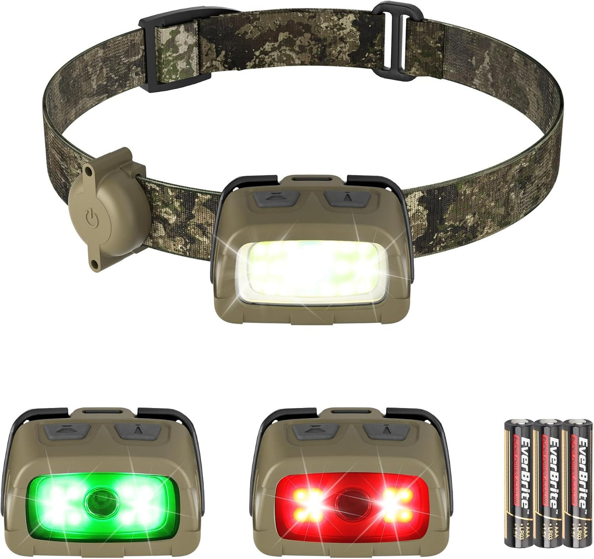 LED Headlamp 300 Lumens with 7 Modes, Red & Green Light, Adjustable Tilt
