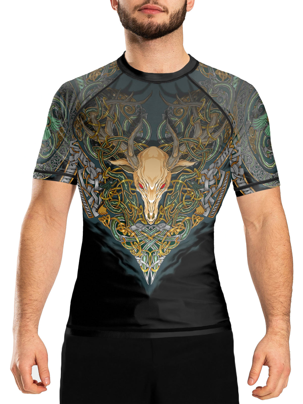 Men's Celtic Rash Guard Short Sleeve MMA BJJ Fightwear - Black Green