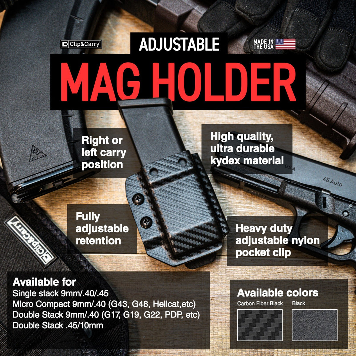 Reversible Kydex Pistol Magazine Holster Belt Carrier for Concealed Carry