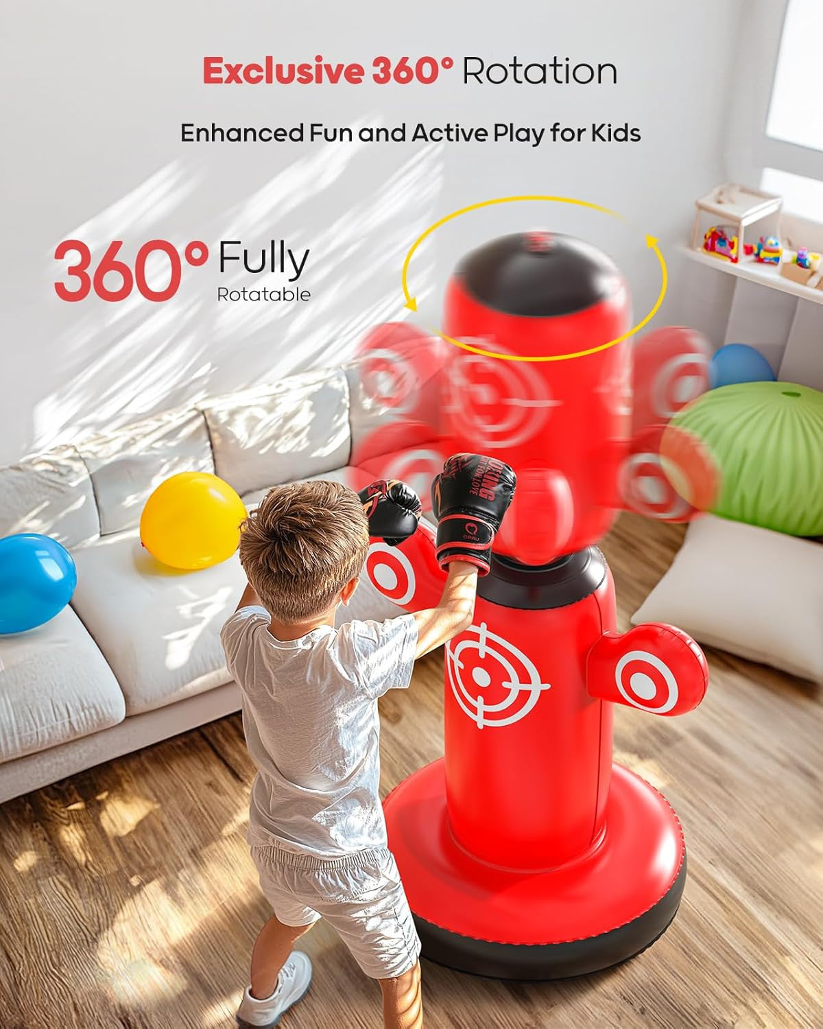 64 Inch Kids Inflatable Punching Bag with Rotating Bop Design, Gloves & Pump
