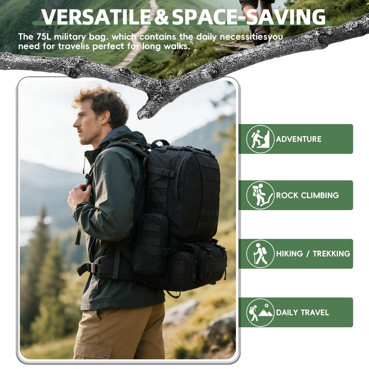 Large Waterproof Tactical Backpack with Molle System for Camping & Hiking