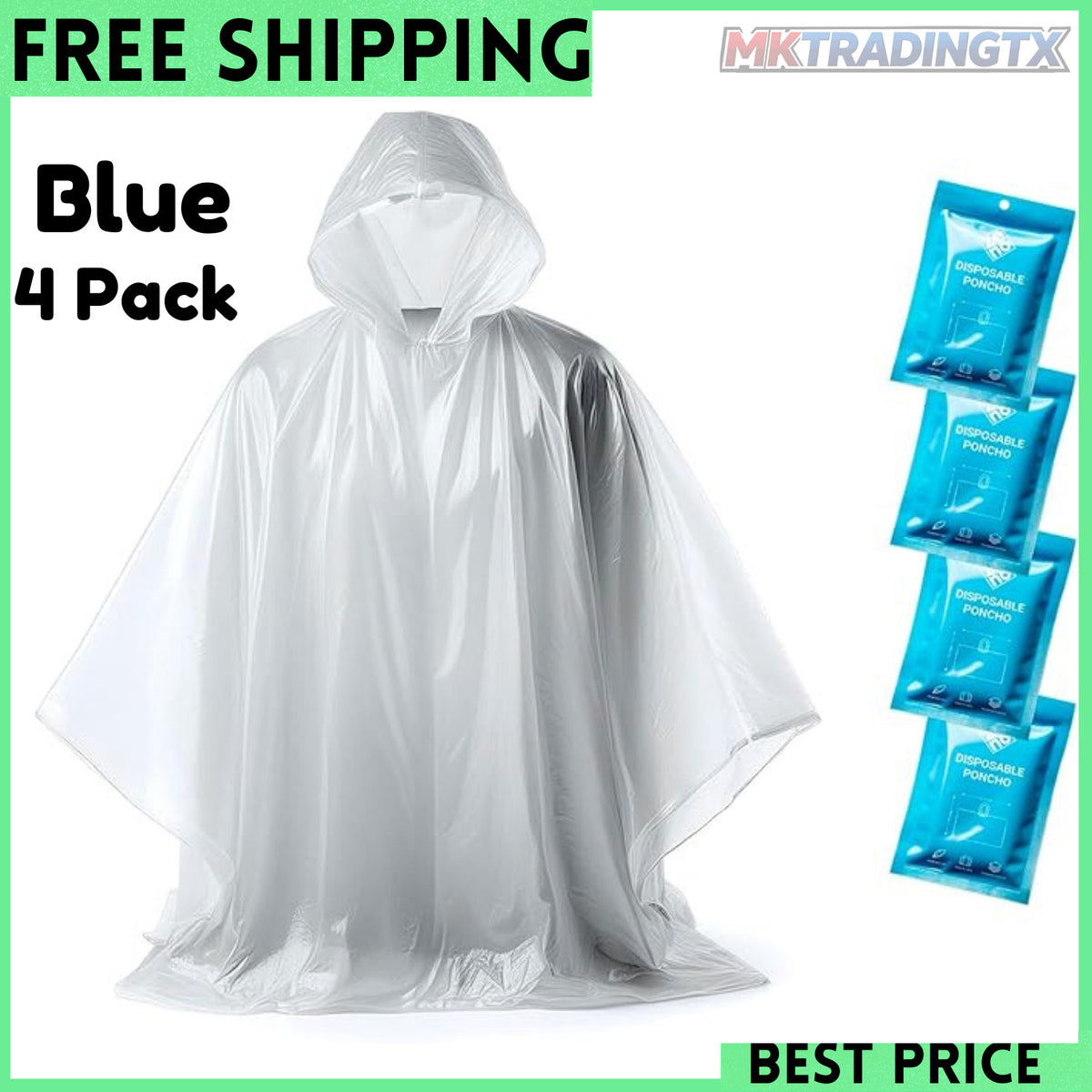 Disposable Rain Ponchos with Hood for Adults - Pack of 4, Clear Water-Resistant Outerwear