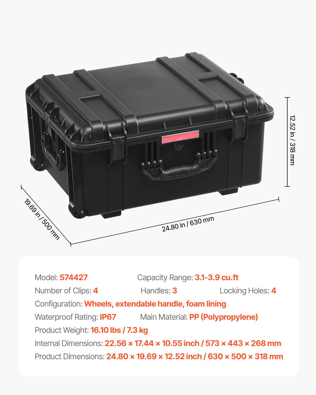 Weatherproof Hard Case with Wheels & Retractable Handle 3.5 Cu Ft Black
