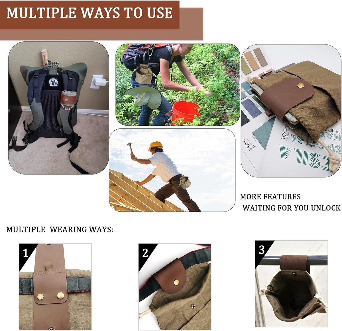 Water-Resistant Canvas Foraging Pouch with Leather Handles, Collapsible Bag for Mushrooms & Outdoor Activities